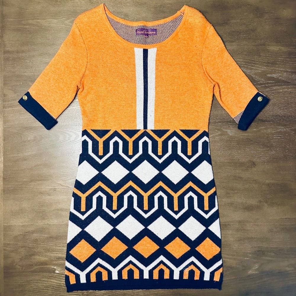 Sweet Sinammon Orange‎ Geometric Knit Dress 3/4 Sleeve Button Cuff Vintage Retro